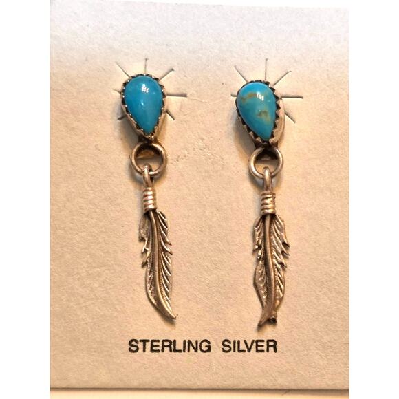 Sterling Silver & Turquoise Feather Dangle Earrings 1.5" - Picture 8 of 10